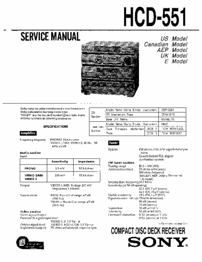 SONY HCD-551 SONY HCD-551
COMPACT DISC DECK RECEIVER.
SERVICE MANUAL
PART#(9-960-059-12)